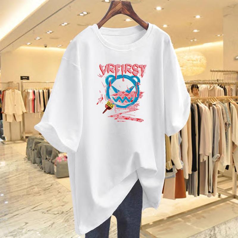

Trend printed t-shirt women s summer new loose cotton cartoon short-sleeved top bottoming shirt S