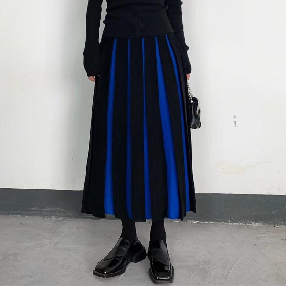 Women Contrast Color Midi Knit Skirts Loose Casual Elastic Waist Pleated Sweater Skirts