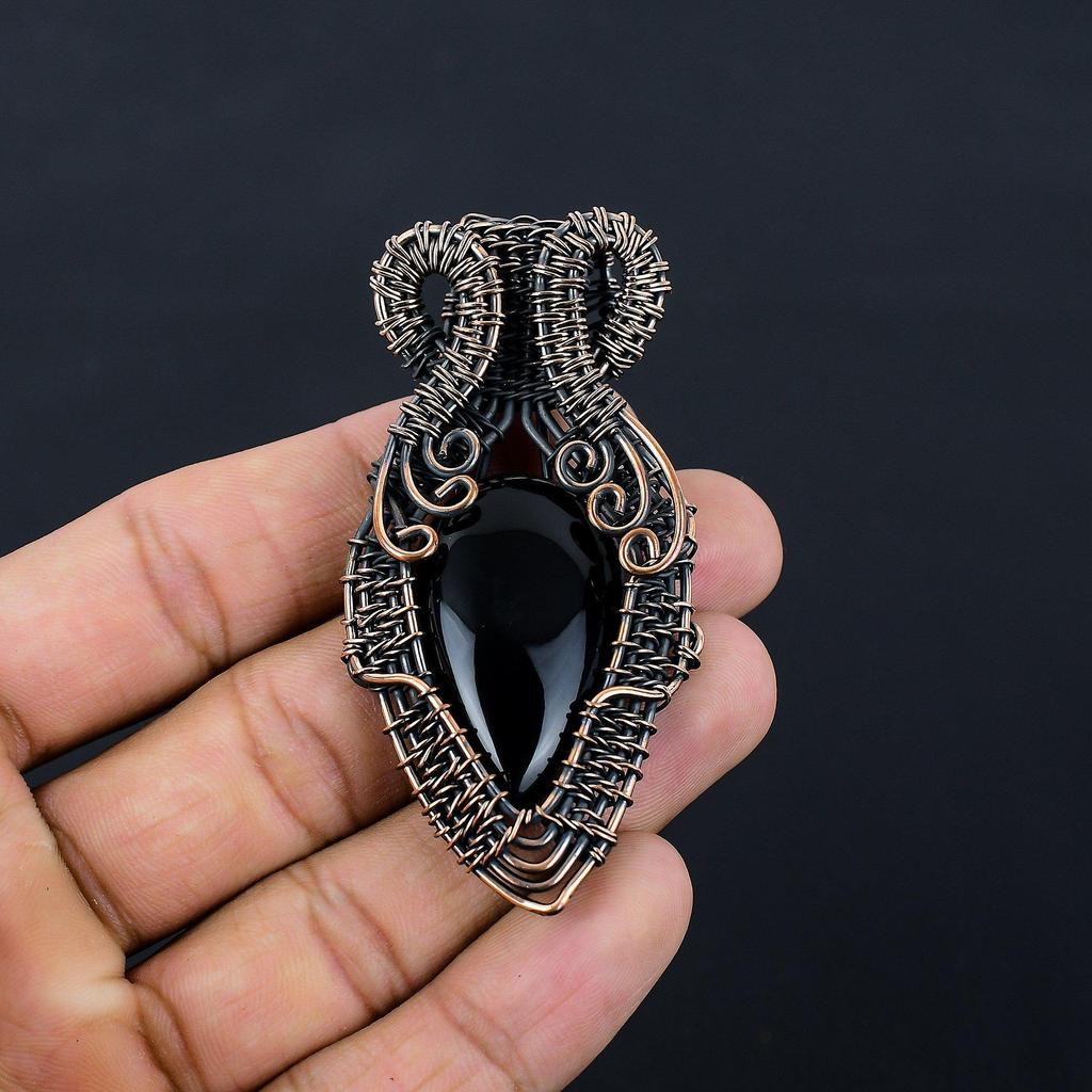 Black Onyx Gemstone Pure Copper Wire Wrapped Handmade Pendant Jewelry For Christmas Gift