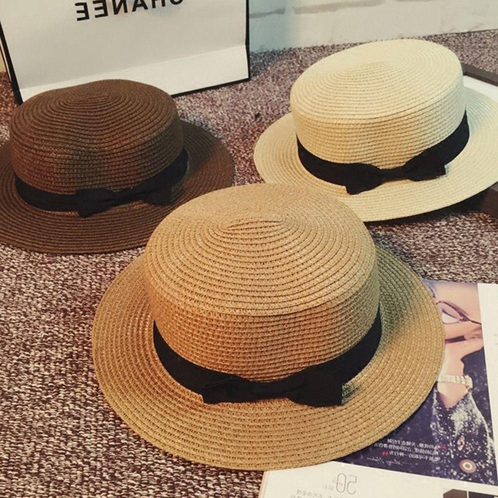 Woman Handmade Bowknot Sunscreen British Style Beach Cap Straw Hat Top Hat Weave Sun Cap Sun Hat