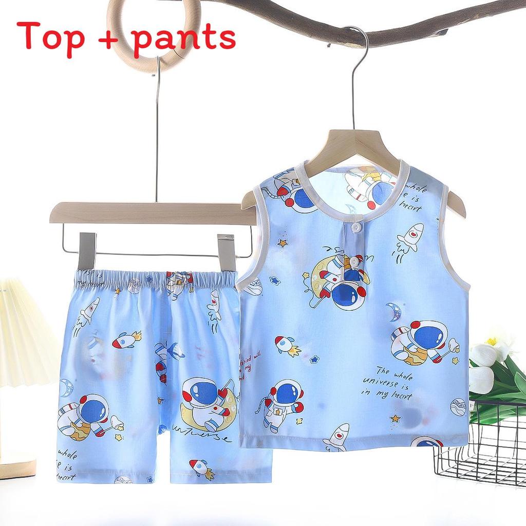 Space Kids Sleeveless Vest Set With Cotton Satin Short Pants For Summer Comfort And Play