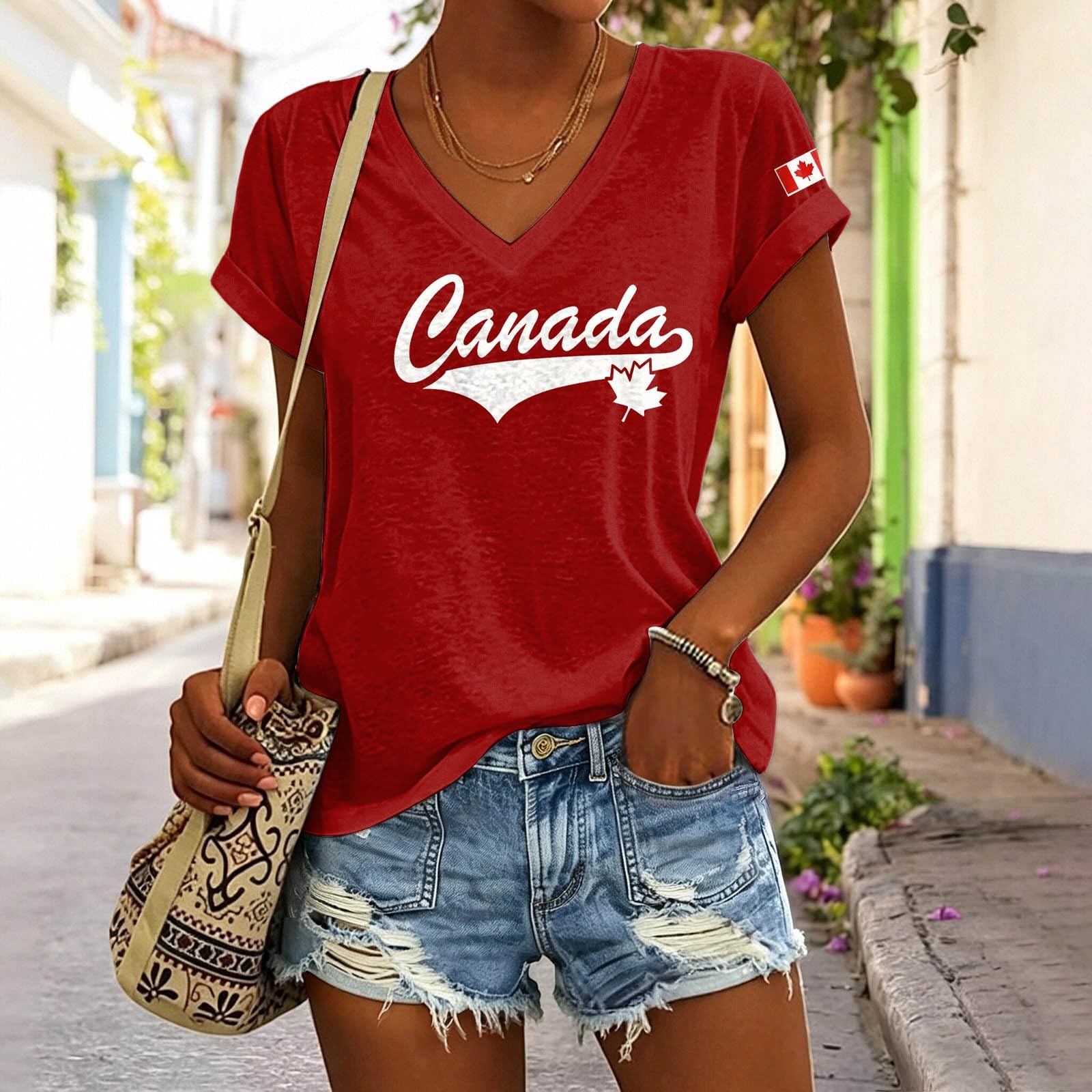 Women s V-Neck Short Sleeve Soccer T-Shirt with Canadian Print for Fan Wear S