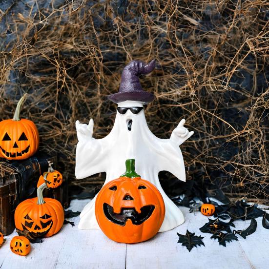 Halloweenská soška ducha a dýně, strašidelný klobouk čaroděje, sluneční brýle, pryskyřičná figurka ducha, socha, sváteční párty, domácí stolní dekorace, ozdoba
