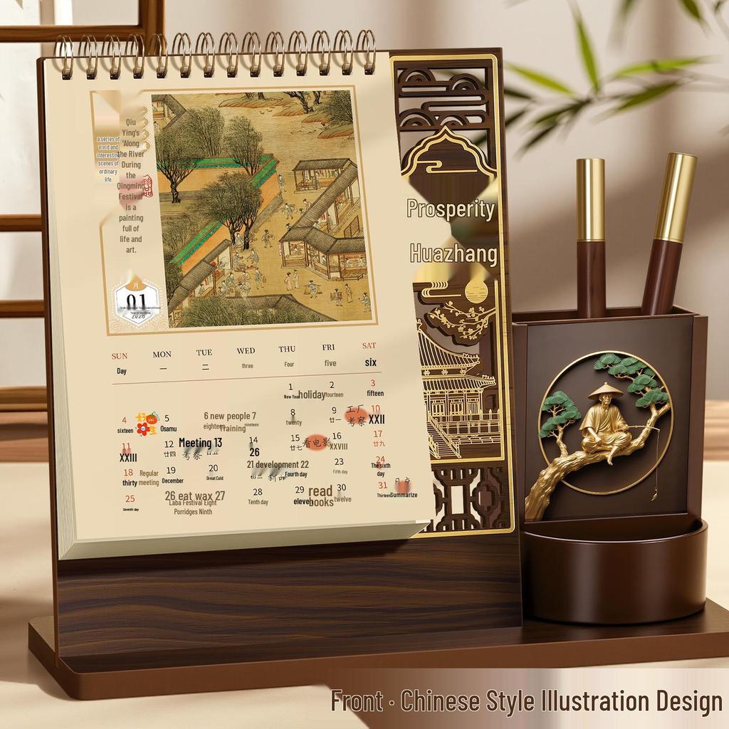 Customized 2026 Wooden Stand Enterprise Calendar – Creative Business Office Memo Gift Box