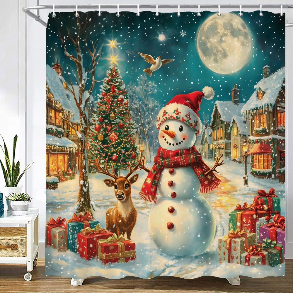 Cartoon Snowman Shower Curtain Bath Curtain Santa Claus Merry Christmas Printed Bathroom Curtains for Home Decoration Curtain