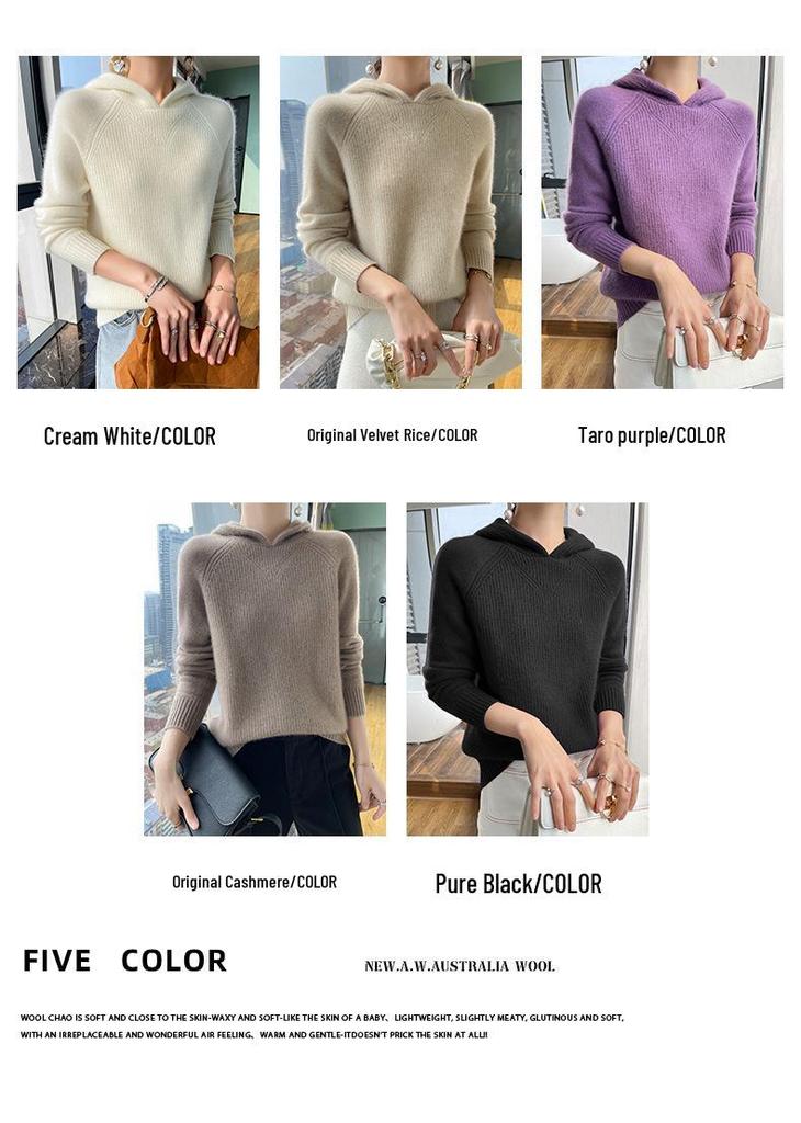 Women's Pure Wool Hooded Knit Sweater with Raglan Sleeves for Autumn and Winter