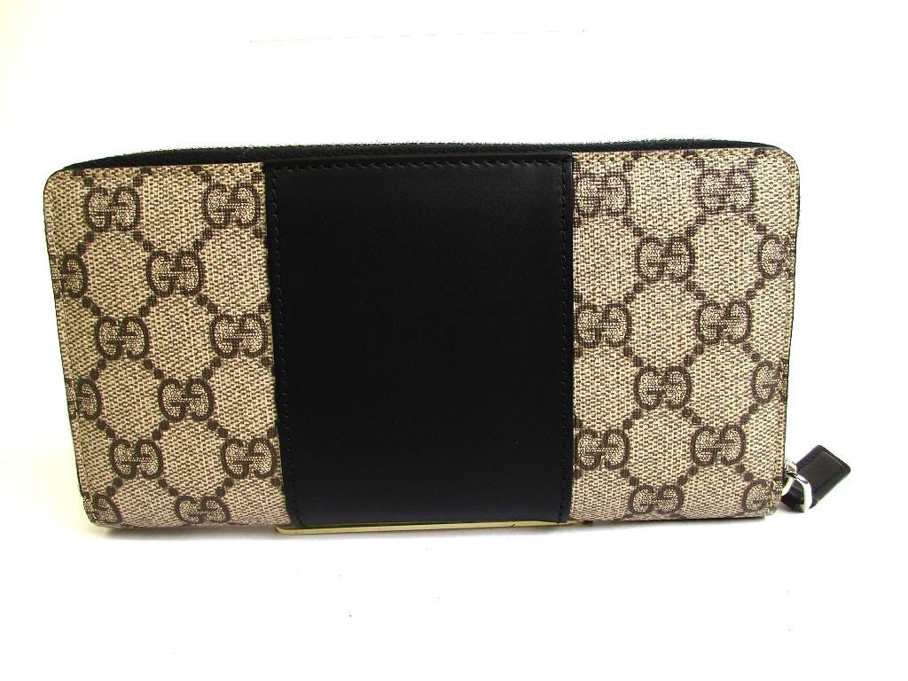 Authentic GUCCI Beige GG Coating Canvas Black Leather Round Zip Long Wallet #b097  Open Box