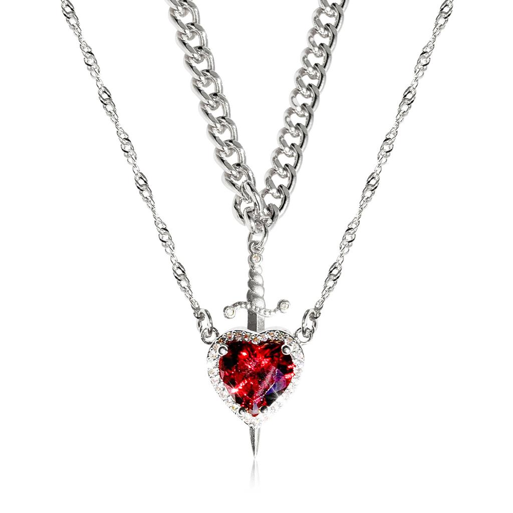 Gold Red Crystal Heart Dagger Pendant Layered Necklace Heart And Sword Necklace For Valentine's Day Couple