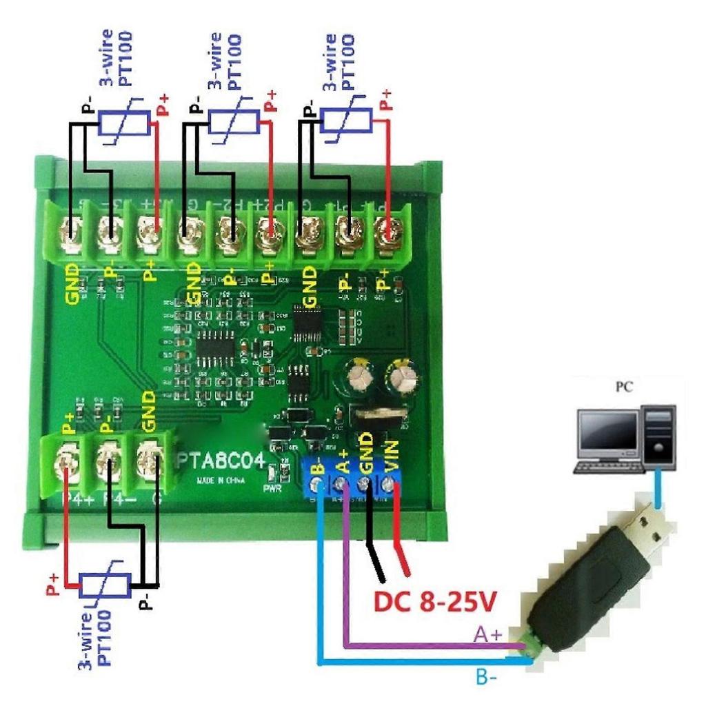 Hoge kwaliteit 4-kanaals PT100 RTD RS485 Temperatuursensor Module Modbus ...