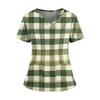 Women's Plaid Print V-Neck and Caregiver Top with Double Pockets and Split Hem Short Sleeves