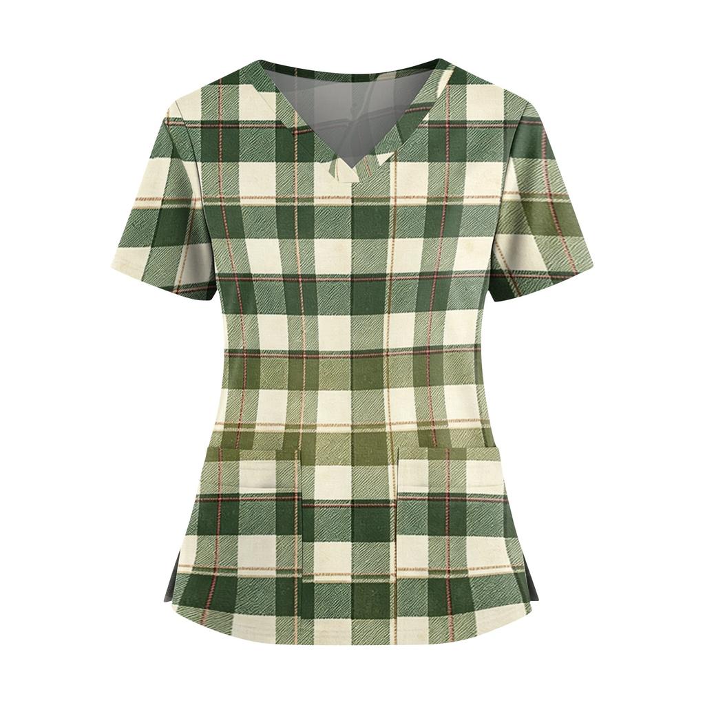 Women's Plaid Print V-Neck and Caregiver Top with Double Pockets and Split Hem Short Sleeves
