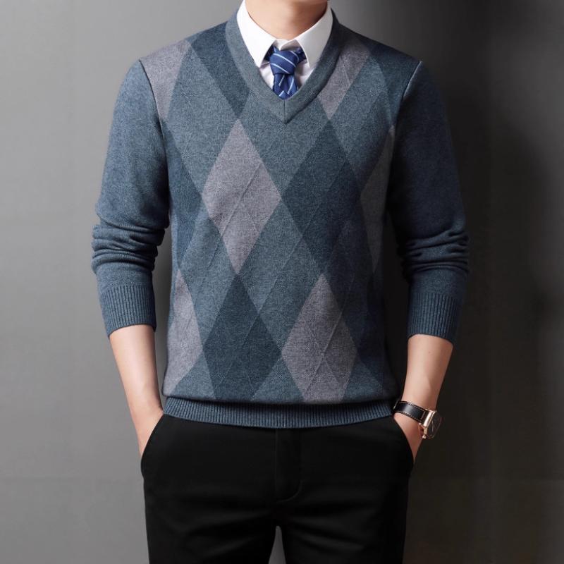 Herren V-Ausschnitt Pullover Herbst Winter Neu Argyle Muster Pullover Strickware zum Layern