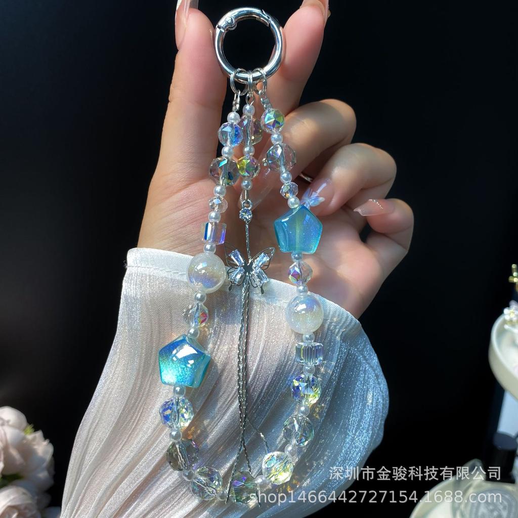 Colorful Five-Pointed Star Phone Chain High-End Butterfly Tassel Pendant New UV Bead Flower Ball Crystal Bead Keychain