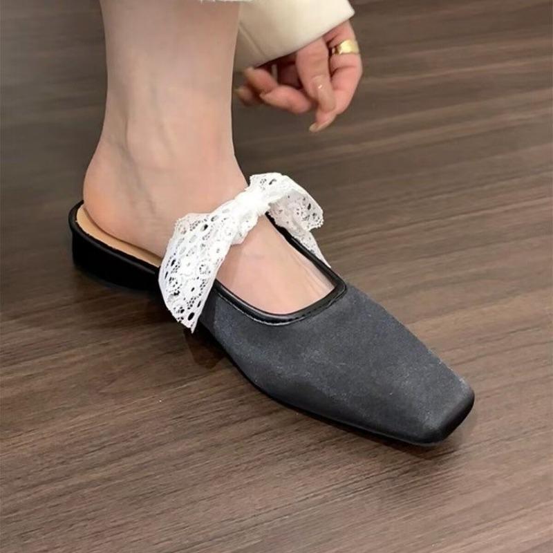 Fashion Women's Fashion Baotou Slippers Spring New Square Head Shallow Mouth Lace Butterfly Knot Anti-slip Wear-resistant Sandals