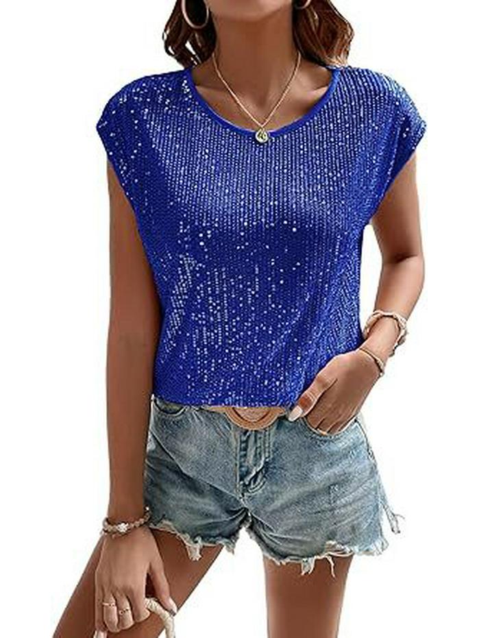 2024 Women's Round Neck Glitter Sequin Cap Sleeve T-Shirt