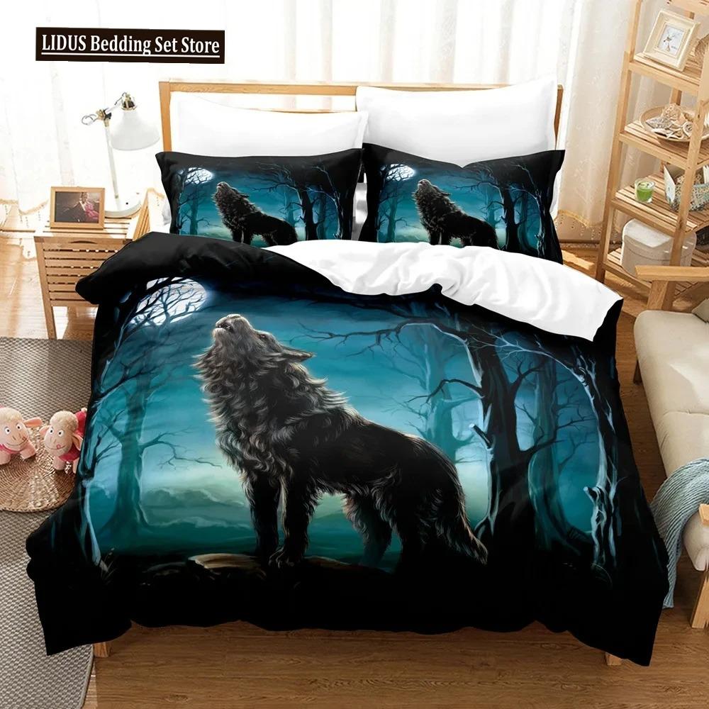 Boys Wolf Duvet Cover Set Queen Size, Boho Wolf Wildlife Animal Bedding Set Men Galaxy Dream Catcher Moon Polyester Quilt Cover