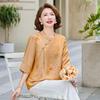 Chinese Style Summer Women's Round Neck 3/4 Sleeve Printed Top for Middle-Aged & Elderly