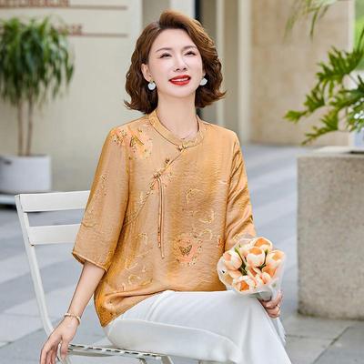 Chinese Style Summer Women's Round Neck 3/4 Sleeve Printed Top for Middle-Aged & Elderly