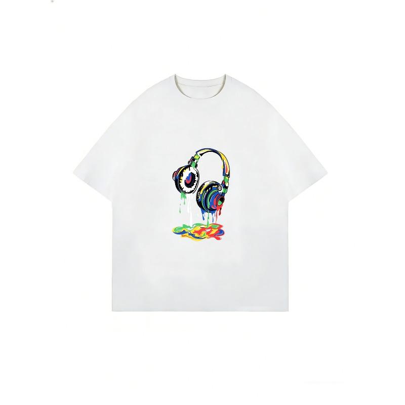 White T Shirt With Colorful Headphones Drip Design For Music Lovers Casual Wear