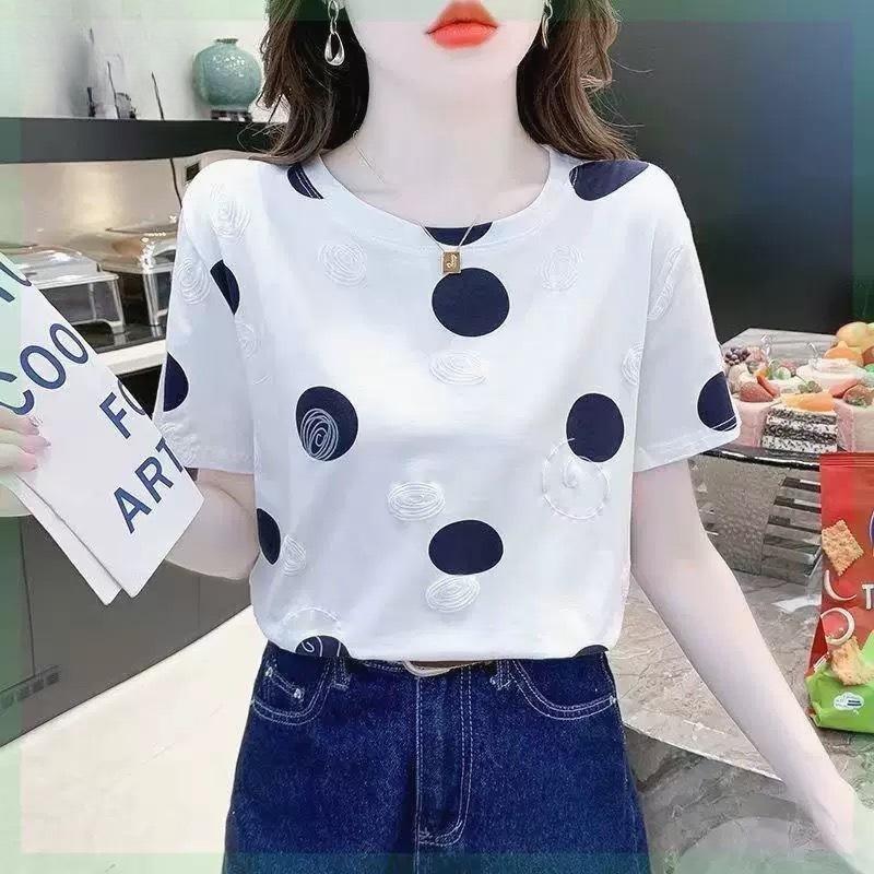 YYFS Women's Fashion Casual Summer Spring Polka Dot Print Short Sleeve O-Neck Blouses & Shirts