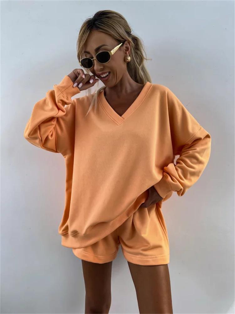 New Summer Women's Casual Striped Lounge Set Long Sleeve V-Neck Loose Top with Sports Shorts 2-Piece