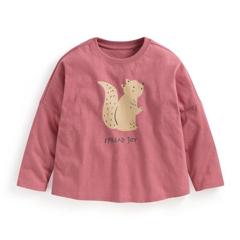 Pure Cotton Long-Sleeve Base Shirt, Spring and Autumn Style, Unisex Children s Long-Sleeve T-Shirt, Bamboo Cotton Breathable Top, Cartoon Design Dark Pink Squirrel 100
