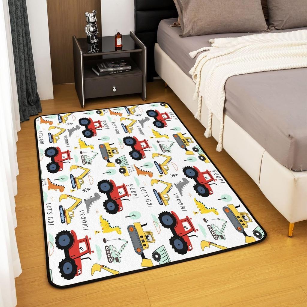 Cartoon Auto Kinder Teppich 5x7 für Nachttisch Spielzimmer, Baufahrzeuge Wohnzimmer Teppiche für Jungen Mädchen Teenager, Dinosaurier Roter Traktor Maschine