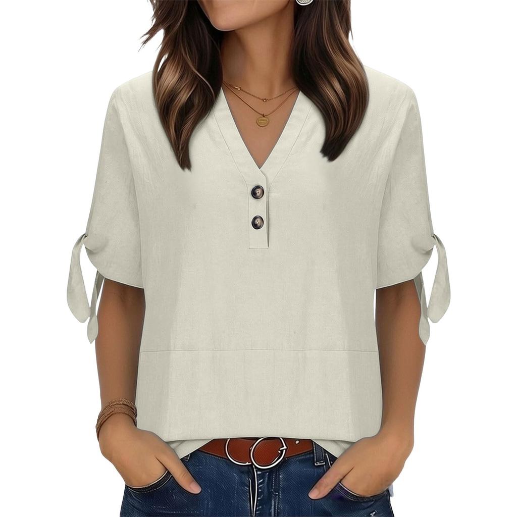 Womens V Neck Short Sleeve Blouse with Button and Tie Sleeve Casual Loose Fit Top for Daily Wear Office School
