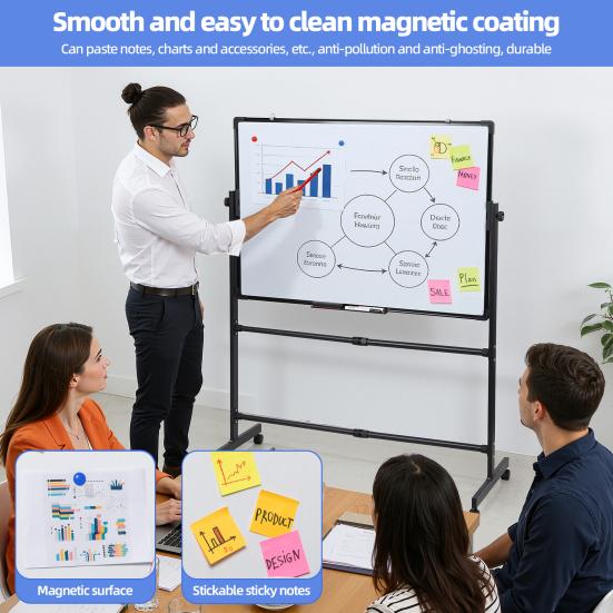 Magnetic Standing Mobile Easel Board Rolling Dry Erase Board, 40 x 28 Inch Large Whiteboard, Height Adjustable Double Sided Style White with Stand for