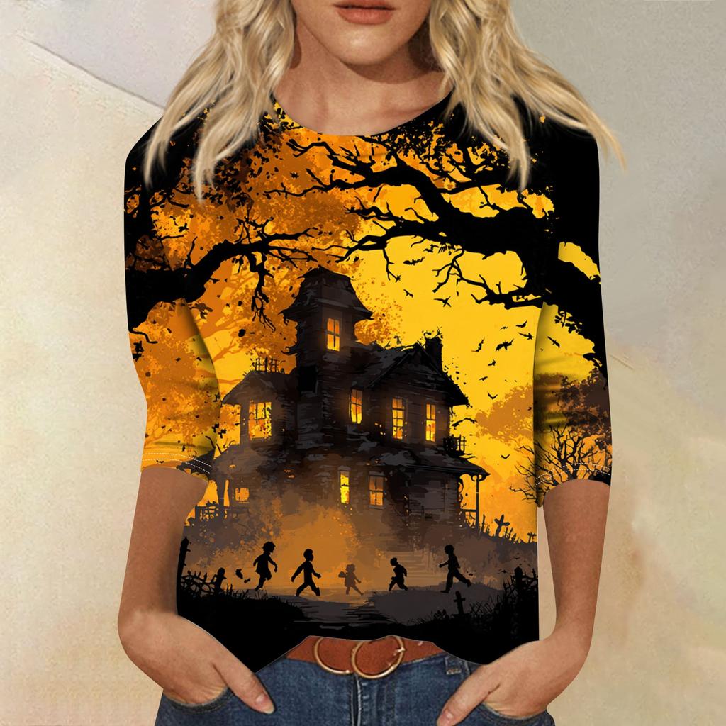 Women's Fashion Casual Round Neck Three-quarter Sleeve Halloween Printed T-shirt Top