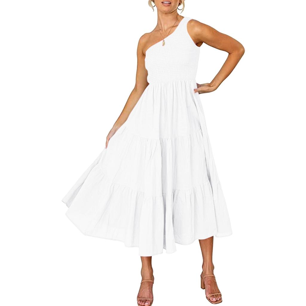 Women's Fashion Casual One Shoulder Pleated Color Medium Length Dress