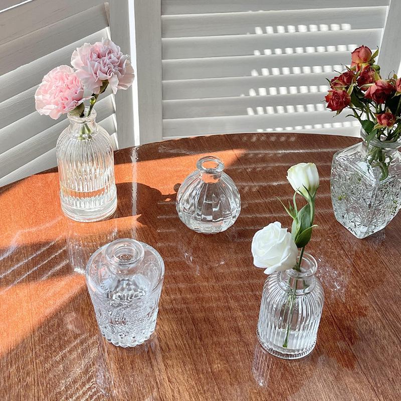 Retro Embossed Transparent Glass Vase: French-Inspired Luxury Home Decor for Living Room