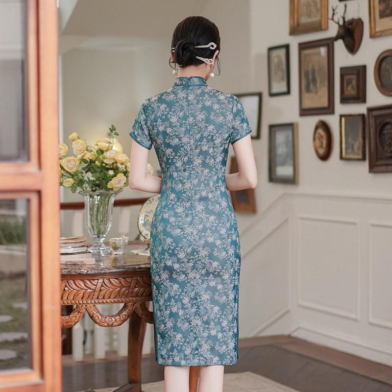 Womens Purple Brocade Qipao Dress Mid-Length Short Sleeve Retro Chinese Style Modern