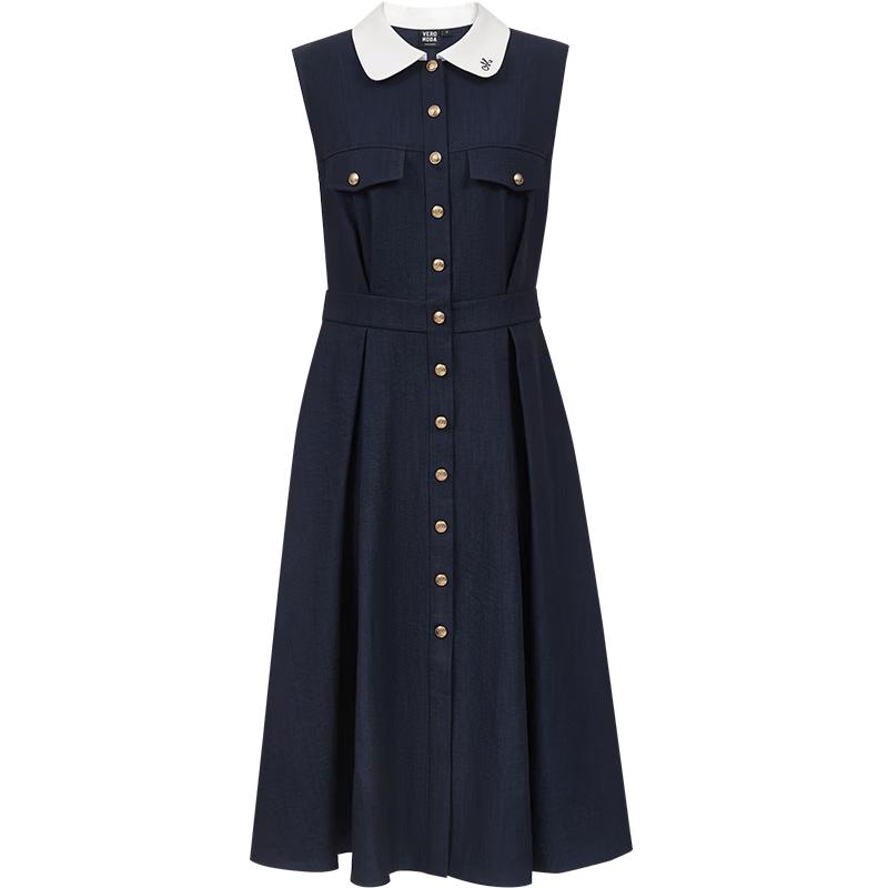 VEROMODA 2026 Summer Contrast Lapel Pleated Mid-length Dress S
