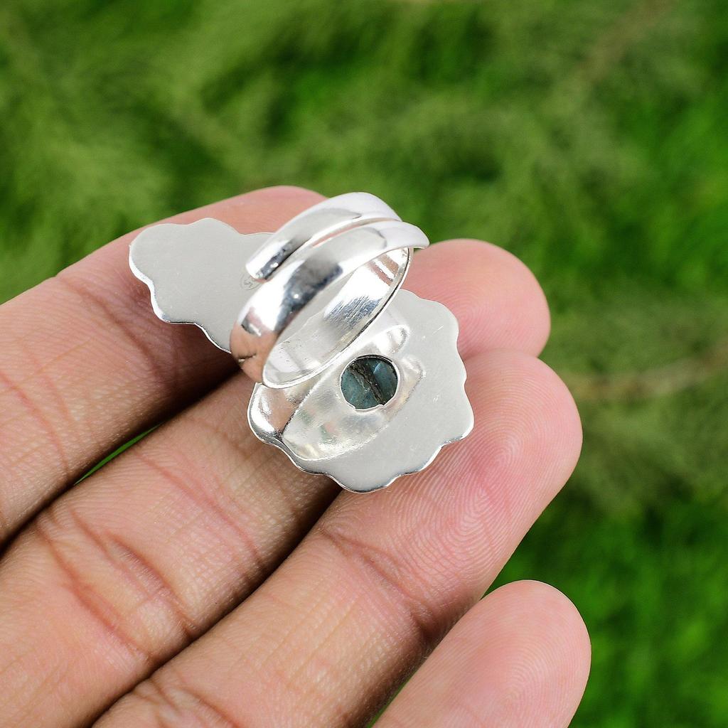 Sterling Silver Round Natural Labradorite Statement Bezel Flower Ring Jewelry