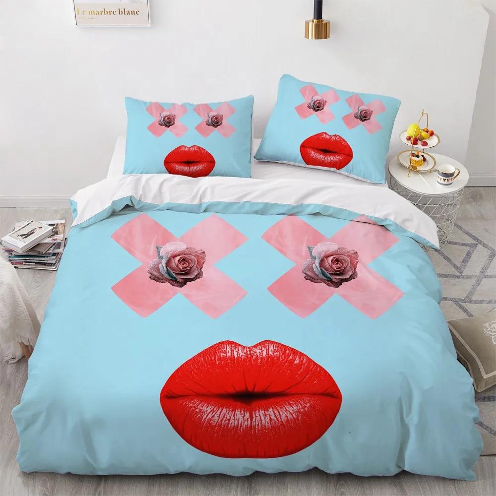 Rote Lippen Königin King Bettbezug 3D Sexy Lippen Himbeere Bettwäscheset für Mädchen Frauen Kuss Pink Weich 2/3-teilig Bettdeckenbezug Kissenbezug