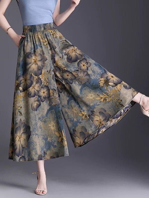 Plus-Size Ink Painting High-Waist A-Line Ice Silk Skirt Pants - Thin, Loose, Versatile Style for Women