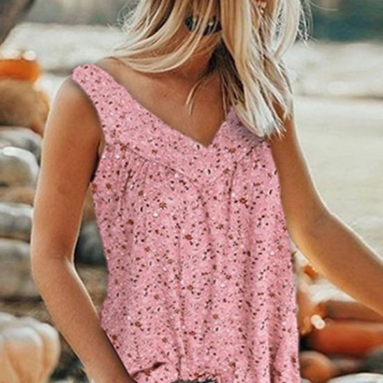 V-neck Sleeveless Flowy Hem Pullover Top Floral Print Lady Vest Top for Daily Wear