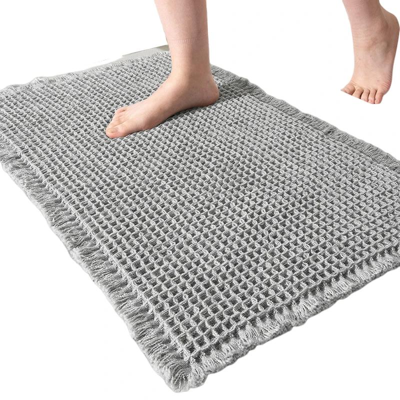 

Waffle Bath Mat Super Absorbent Non-Slip Bath Mats for Bathroom Floor Machine Washable Bathroom Rugs with Tassels Soft (Light Grey,43x61cm)
