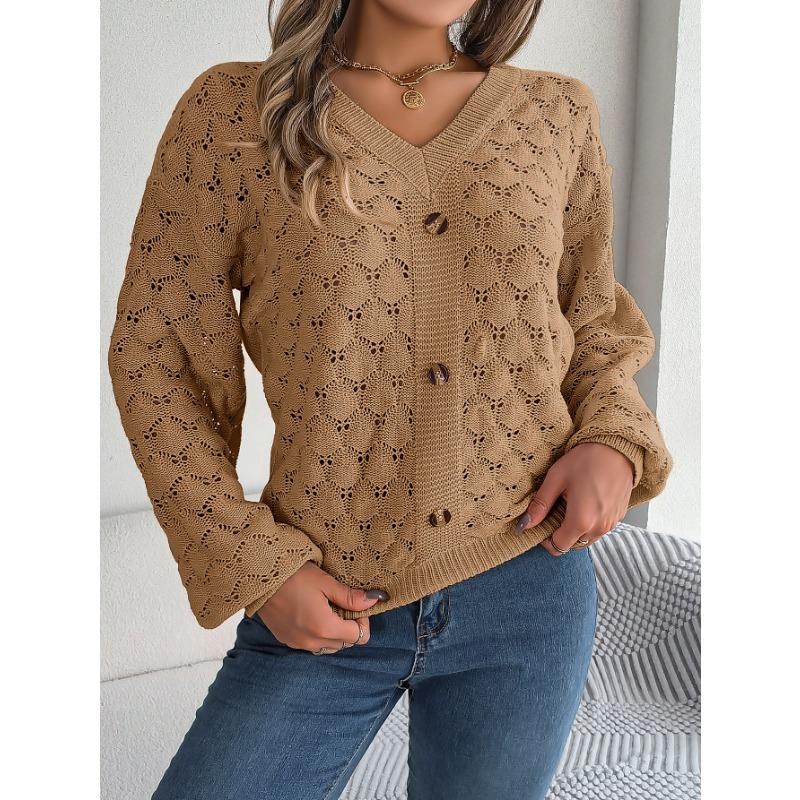 Autumn and winter casual V-neck button hollow lantern sleeve pullover sweater, elegant casual gray temperament ladies long-sleeved knitted sweater