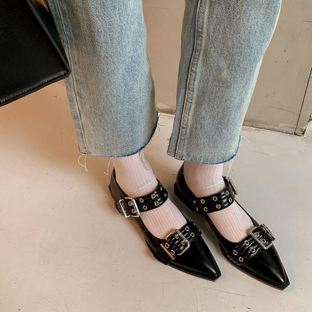 Double Button Fashionable Flat Shoes Dance Shoes Women's Black and White Belt Buckle Pin Buckle Punk  2024 Women's Flat Shoes