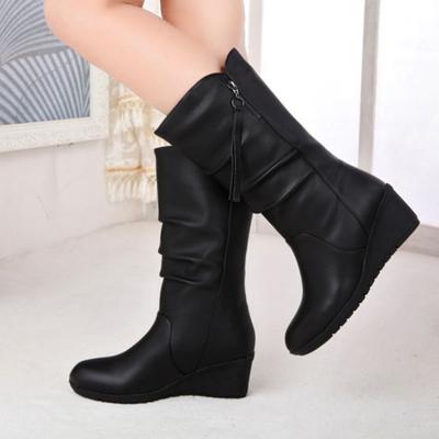 Women's Wedges Mid-calf Boots New Round Toe Zipper Heeled Boots Dor Women Wedges Shoes Outdoor Women's Thigh High Boots Botas
