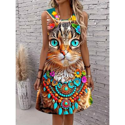 Plus Size Women'S Cat Floral Print Tank Dress Printed Casual Summer Outfit Party Wear Dress Suitable For Summer