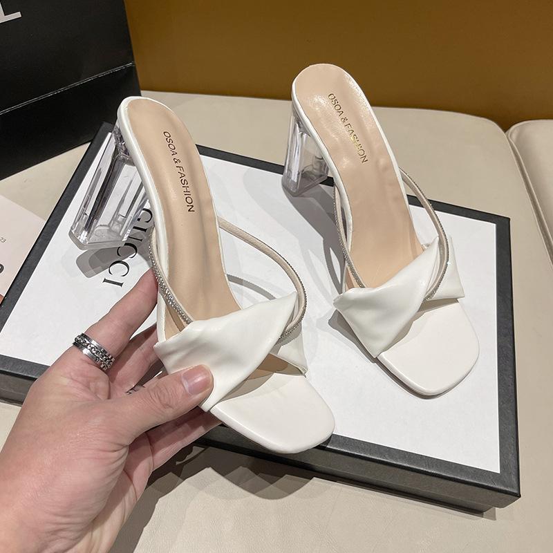 

One-word square head transparent heel half-drag women s summer wear 2025 new thick heel sandals open-toed high heels Korean version 34