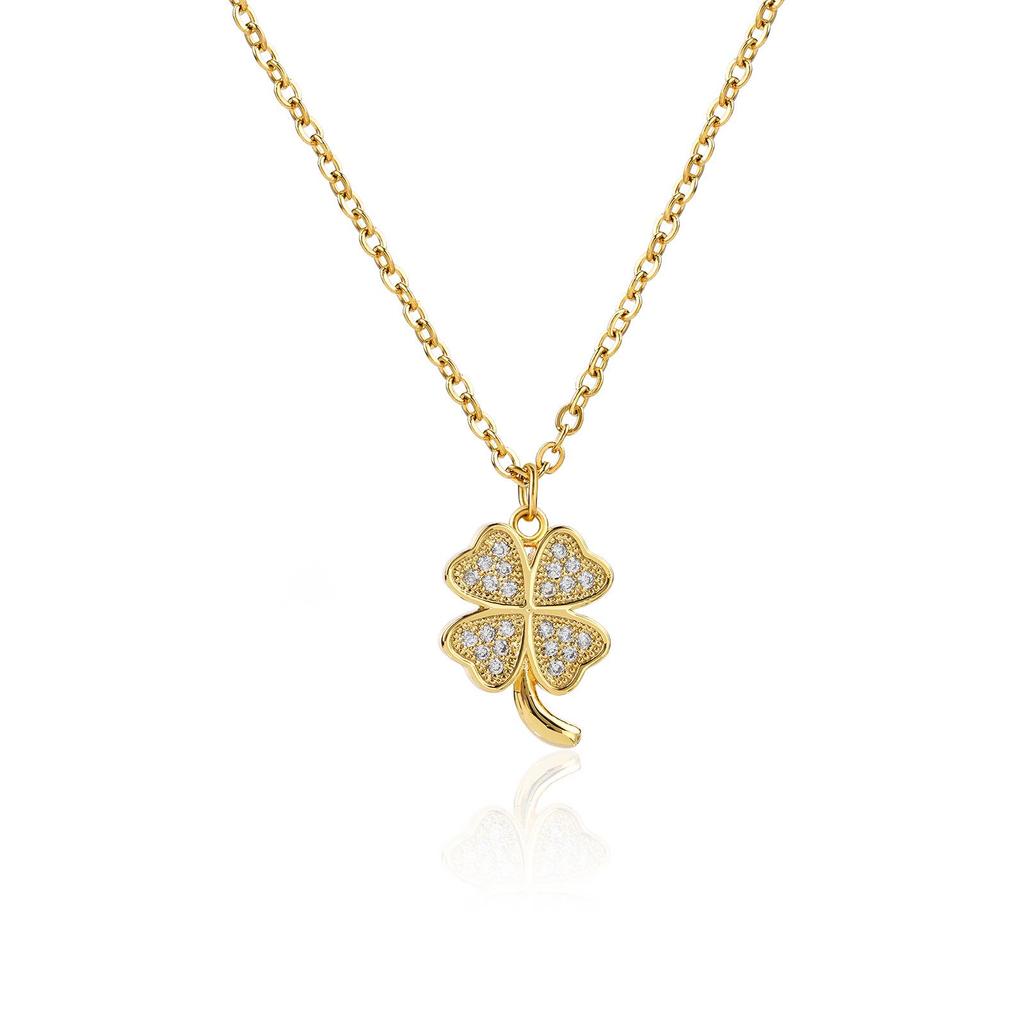 JUSTOP Retro Four-Leaf Clover Pendant Necklace 18K Gold Plated with Diamond Inlay