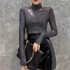 Women's Elastic Sexy Shiny Sequined Bottoming T-Shirt Autumn Fashion Half High Collar Long Sleeve Slim Basic Tops