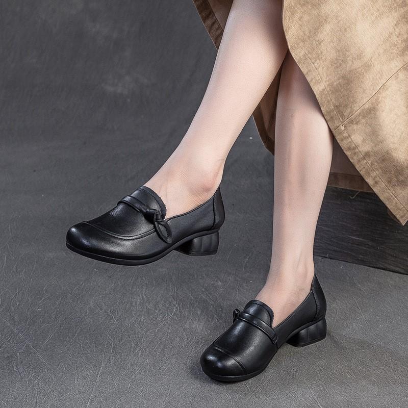 Johnature Pantofi cu toc Retro Decupați Piele Naturală Navetă Confortabili Versatili Pantofi cu Toc pentru Femei