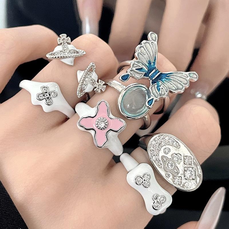 Contrasting Planet Enamel Oil Drop Opening Ring Butterfly Niche Design Ring Hip Hop Niche Design Index Finger Ring Girl