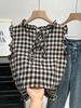 Women's French Retro Plaid Sleeveless Top - Summer Fashion with Ruffled Hem and Tie-Up Open Back