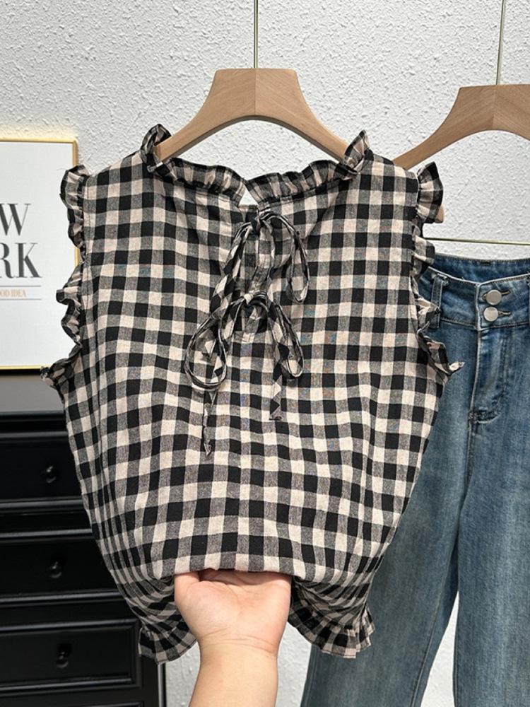 Women's French Retro Plaid Sleeveless Top - Summer Fashion with Ruffled Hem and Tie-Up Open Back
